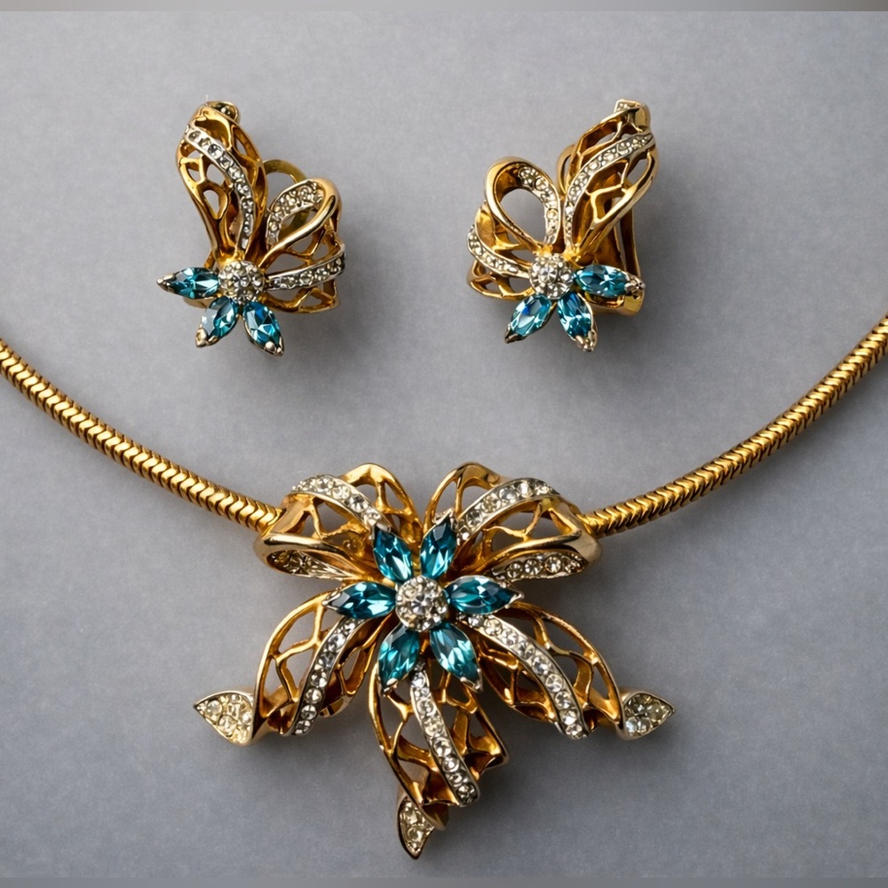Vintage Peja Inc Floral Necklace & Clip Earrings Set – Gold Tone Teal Aqua